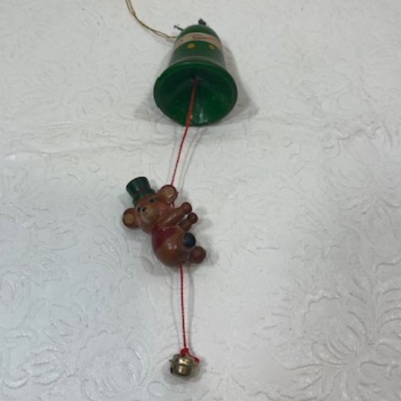 VTG Wooden Christmas Bell w/Hanging Bear & Jingle Bell Ornament 7" - Picture 10 of 12